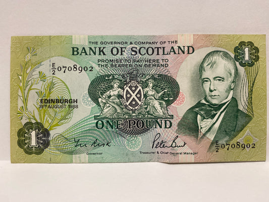 1988 1 POUND BANK OF SCOTLAND POLYMER BANKNOTE UNC WITH FOLD