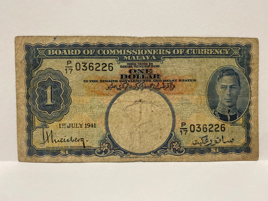 1941 MALAYA STRAIGHTS SETTLEMENTS $1 KING GEORGE VI- P17 paper banknote