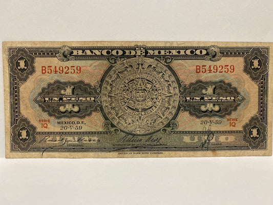 1959 MEXICO 1 PESO PAPER BANKNOTE CIRCULATED