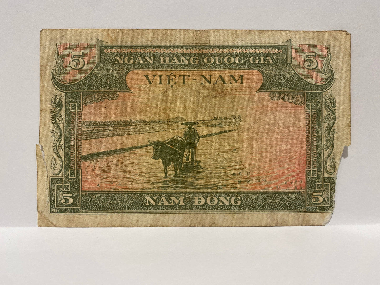 1955 VIETNAM 5 DONG PAPER BANKNOTE CIRCULATED WITH TEARS