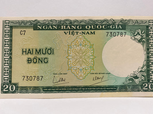 1964 SOUTH VIETNAM 20 DONG PAPER BANKNOTE UNC WITH STAIN