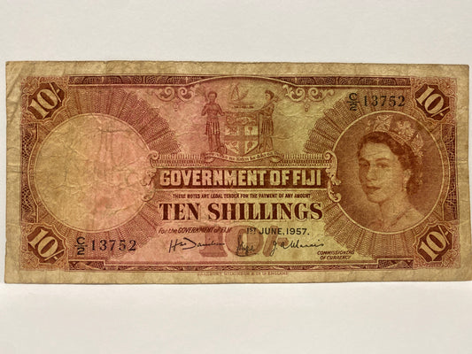 1957 GOVERNMENT OF FIJI 10 SHILLINGS PAPER BANKNOTE CIRCULATED