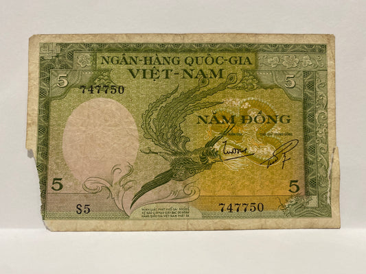 1955 VIETNAM 5 DONG PAPER BANKNOTE CIRCULATED WITH TEARS