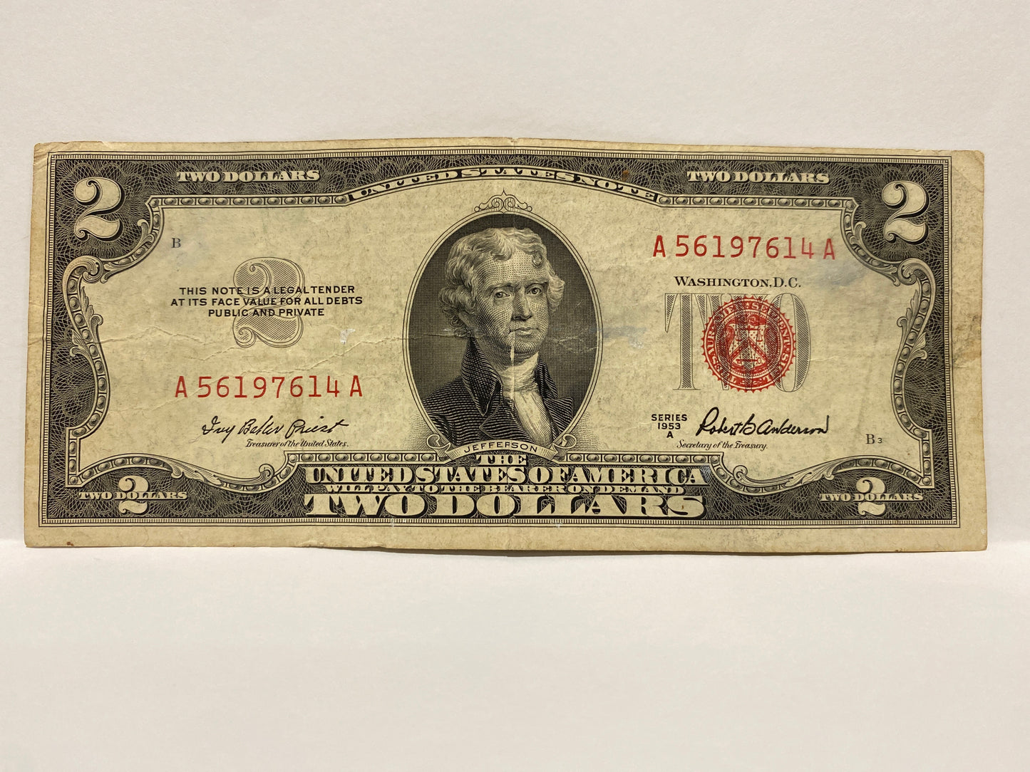 SERIES 1953A USA $2 BANKNOTE RED SEAL CIRCULATED