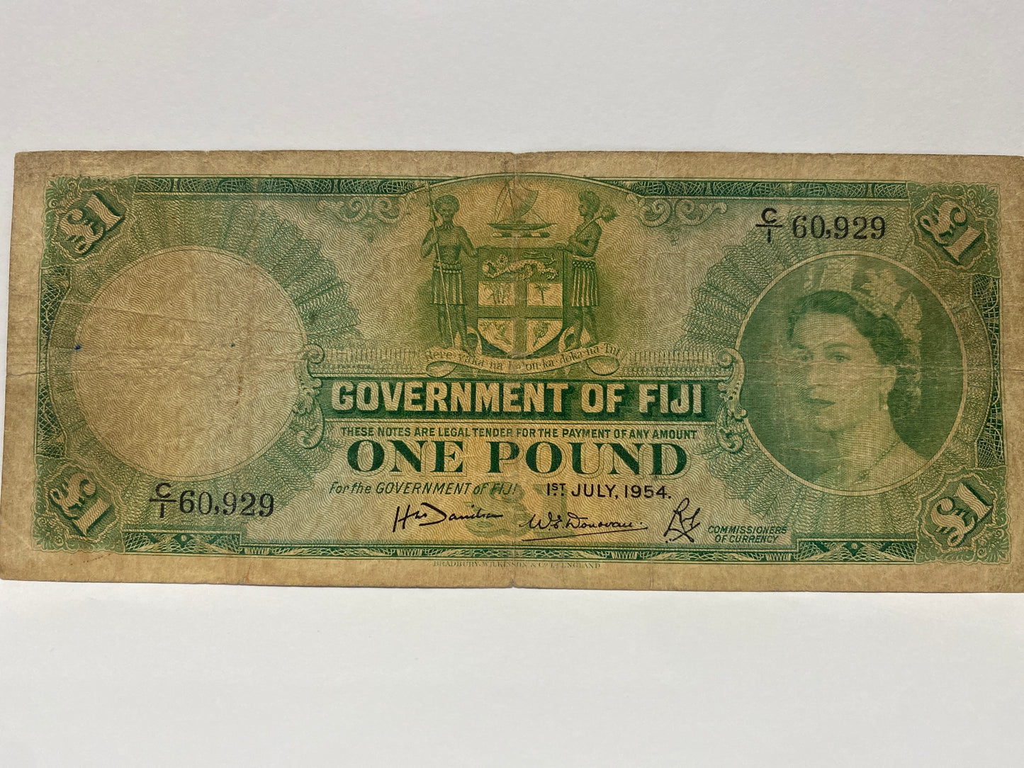 1954 QEII GOVERNMENT OF FIJI ONE POUND Banknote CIRCULATED