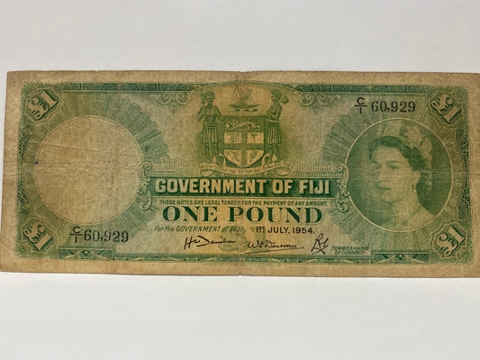 1954 QEII GOVERNMENT OF FIJI ONE POUND Banknote CIRCULATED