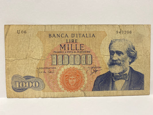 1962 ITALY 1000 MILLE LIRE GUISEPPE VERDI PAPER BANKNOTE CIRCULATED