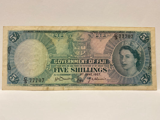 1957 GOVERNMENT OF FIJI 5 SHILLINGS PAPER BANKNOTE CIRCULATED