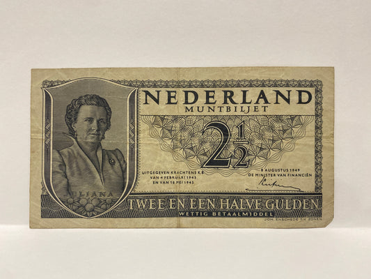 1949 NETHERLANDS 2 1/2 GULDEN PAPER BANKNOTE CIRCULATED