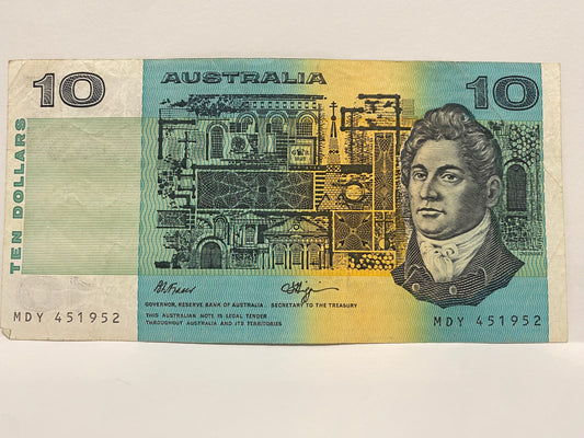 1989 $10 PAPER BANKNOTE FRASER/HIGGINS CIRCULATED