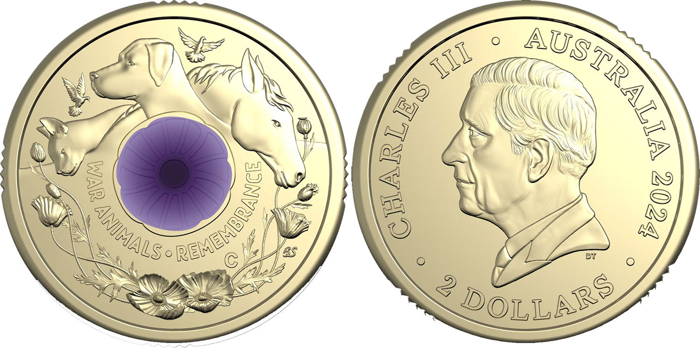 2024 PURPLE POPPY UNCIRCULATED $2 COIN - HONOURING WAR ANIMALS