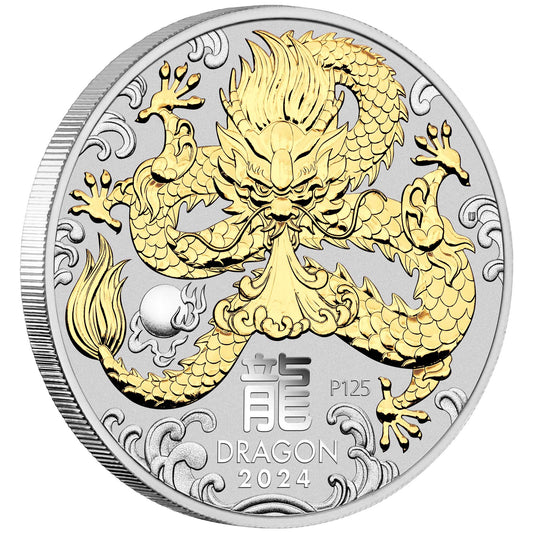 Australian Lunar Series III 2024 Year of the Dragon 1oz Silver Gilded Coin